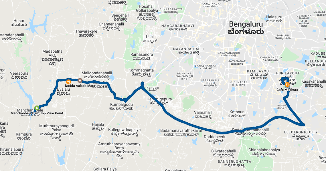 Trip map from HSR layout to Manchanabele dam, through Dodda alada mara